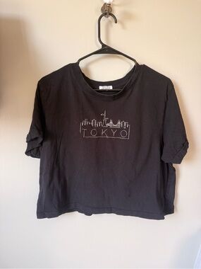 Black Tokyo Embroidered Crop Boxy Tee